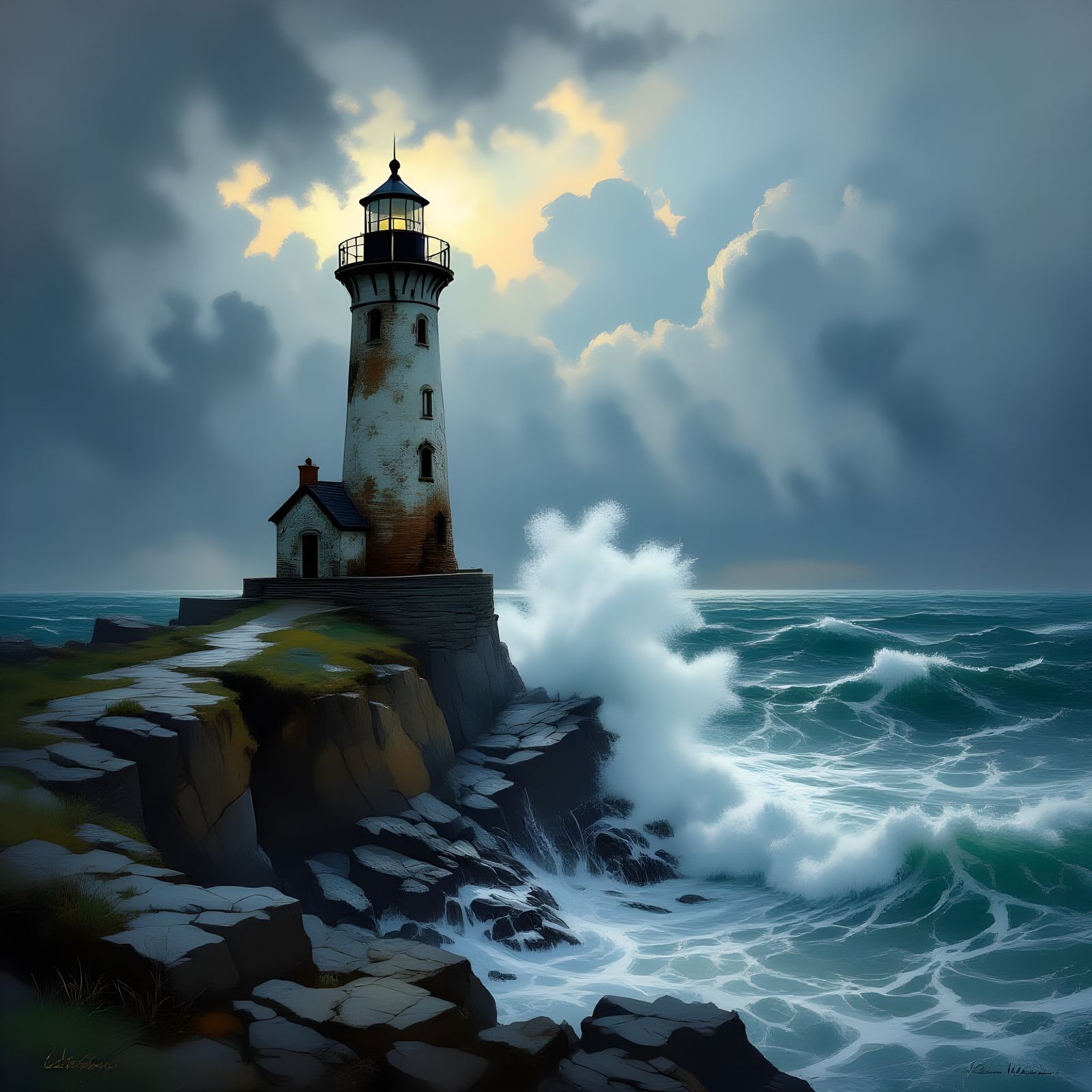 Lone Lighthouse on Jagged Cliff Amidst Stormy Seas