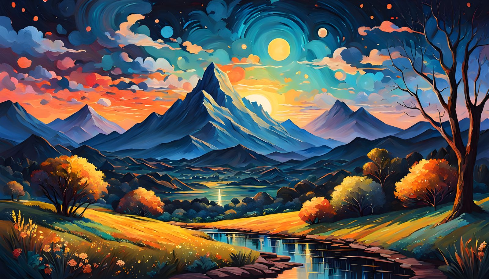 Magical Night Landscape in Gouache and Airbrush Style