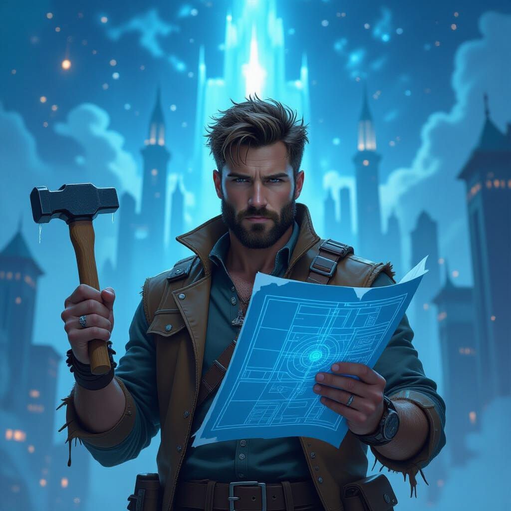 Craftsman Under Celestial City, Ethereal Digital Art