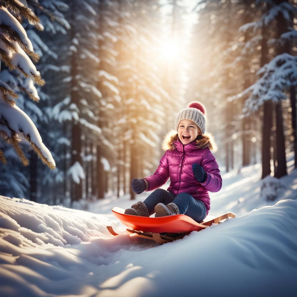 Excited Girl Sledding Down Snowy Hill