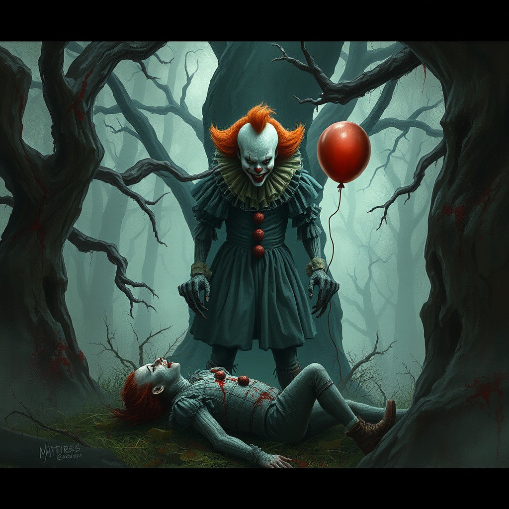 Zombie Pennywise in Grotesque Dark Fantasy Landscape