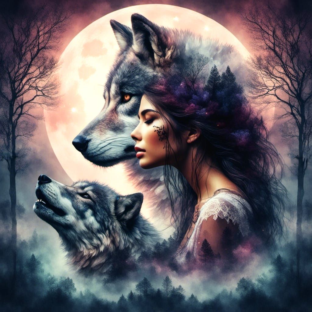 Native American Woman and Wolf Double Exposure