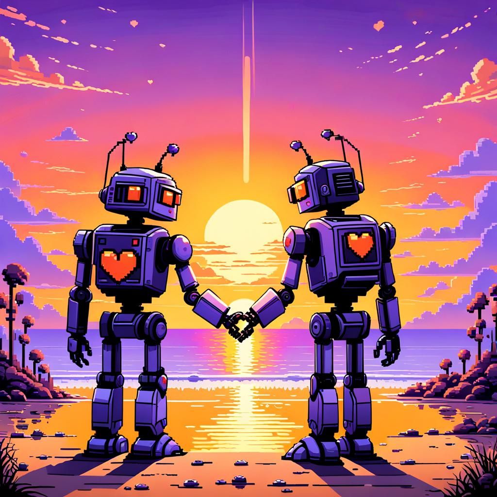 Pixel Art: Robots in Love at Sunset
