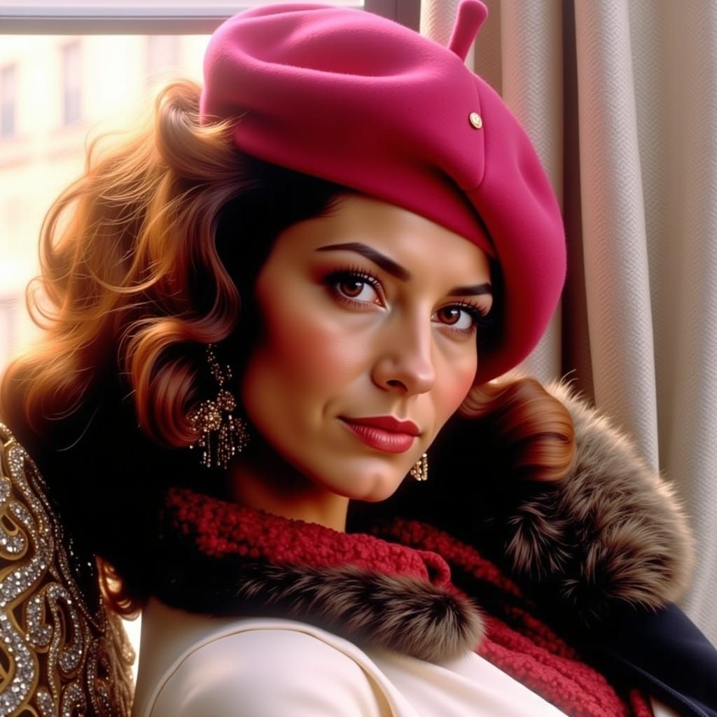 Parisian Woman in Red Beret on Sidewalk
