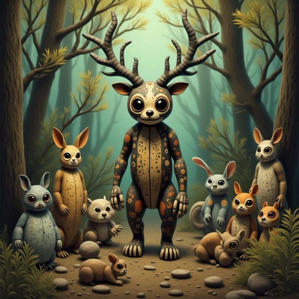 Surreal Wendigo in Dreamlike Forest with Woodland Creatures