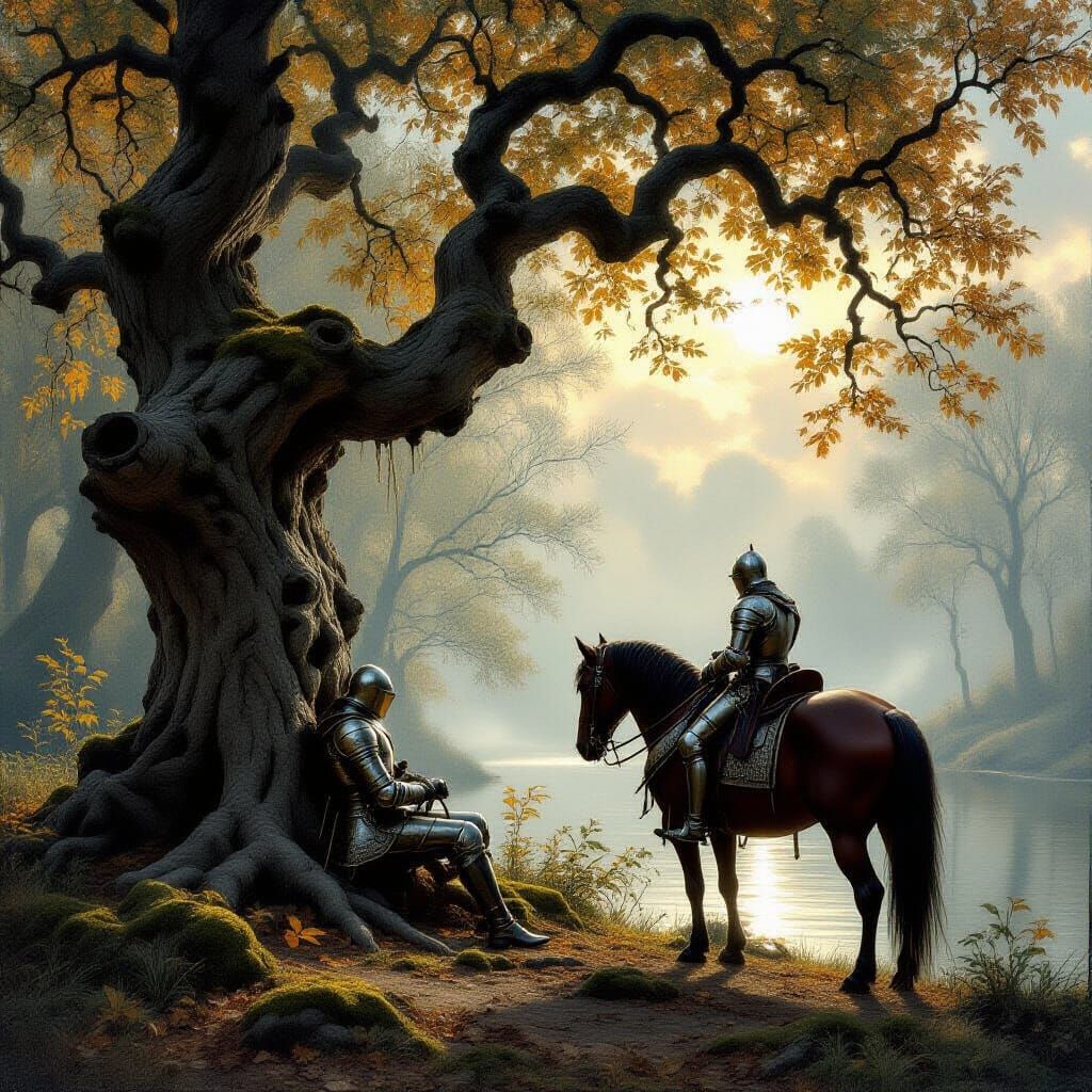 Knight Rests Horse by Ancient Tree in Misty Forest