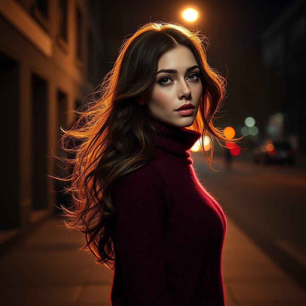 Seductive Brunette in Jewel-Toned Mohair Sweater Illuminated...