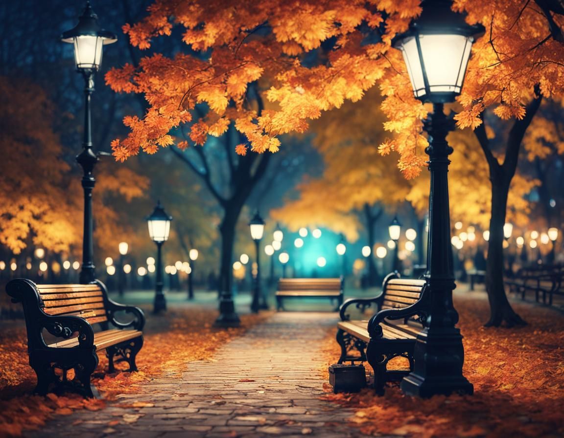 Steampunk Autumn City Park at Night: Tilt-Shift View