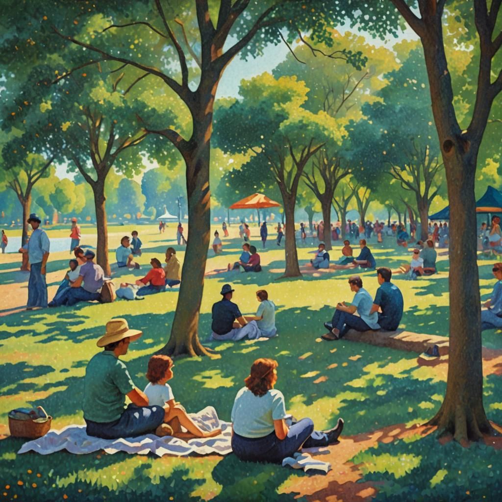 Impressionist Pointillism Park Scene on Saturday Afternoon