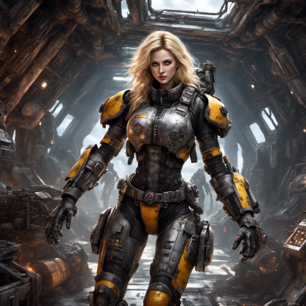 Female Mech Pilot in Battle-Ravaged Mech