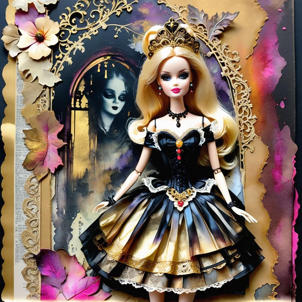 Vintage Gothic Barbie Watercolor Illustration