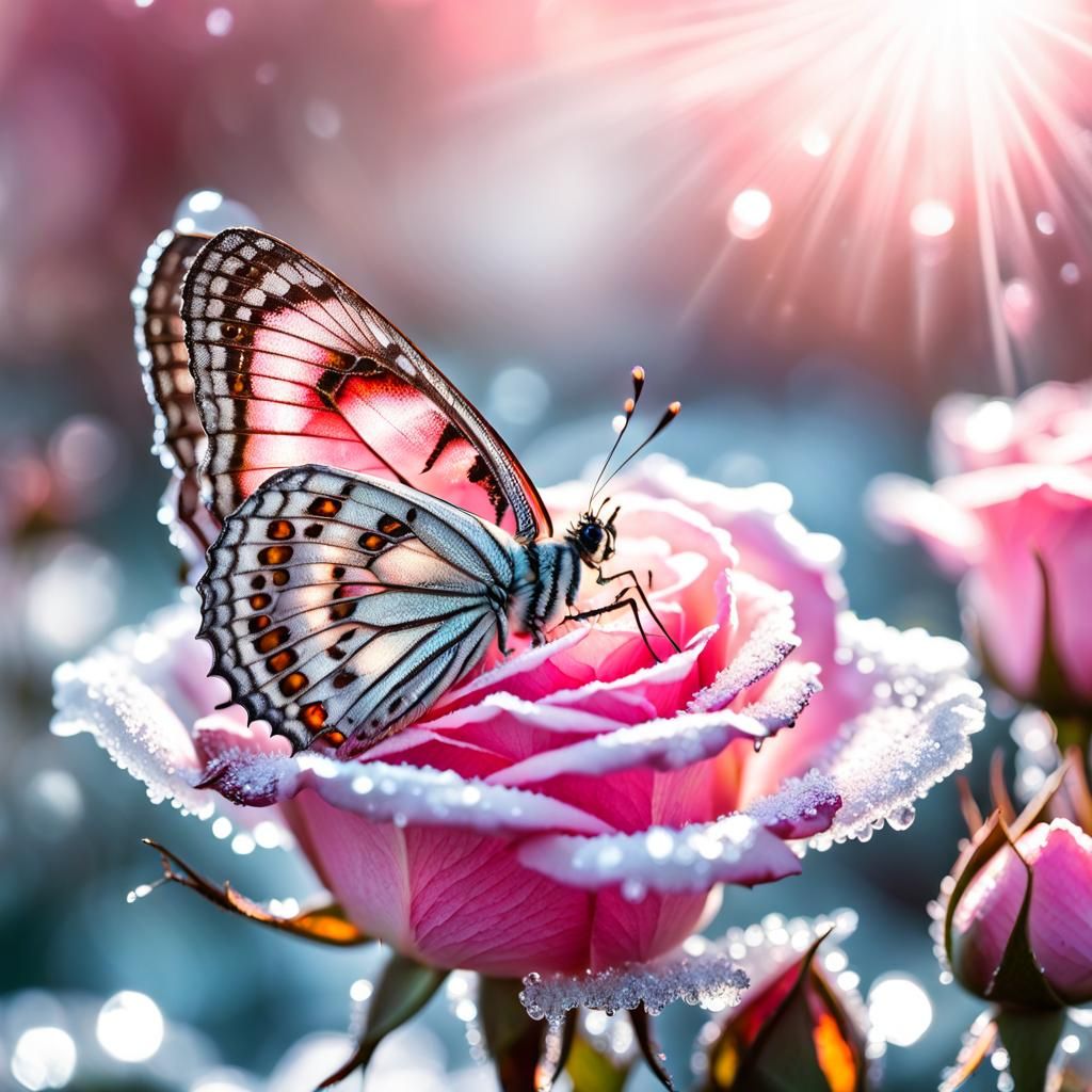 A butterfly on a frozen rose