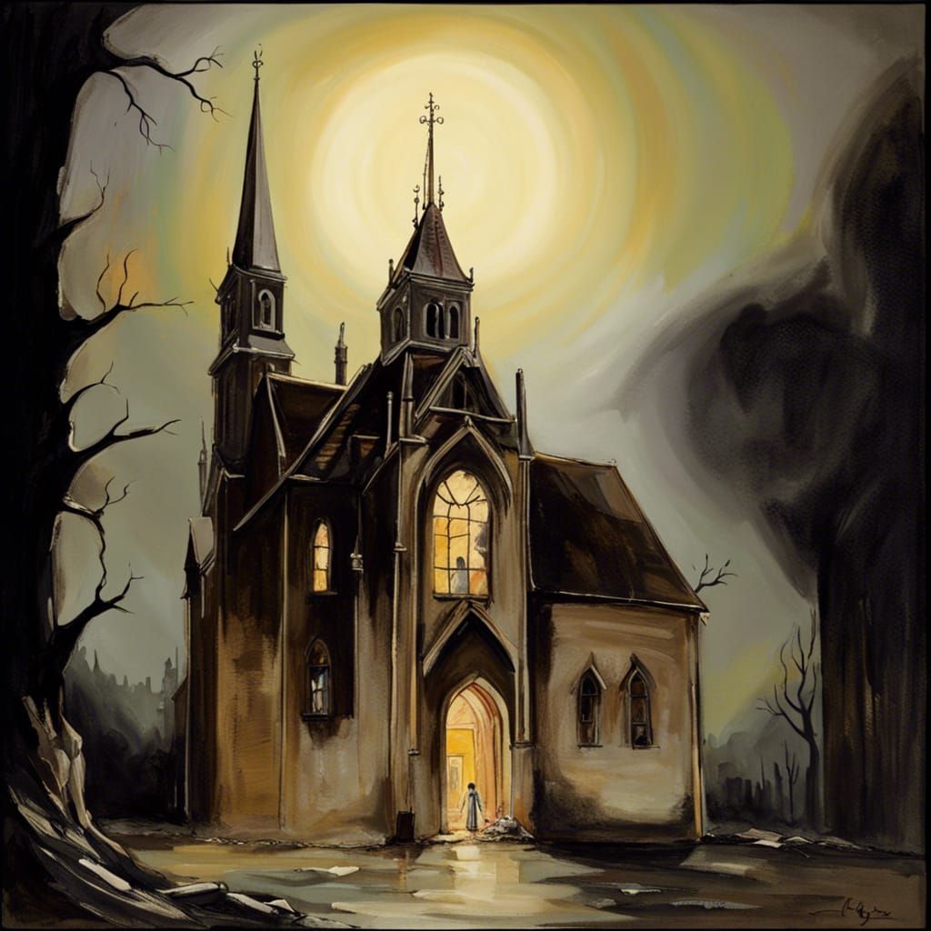 Moonlit Gothic Church with Skeletal Figures