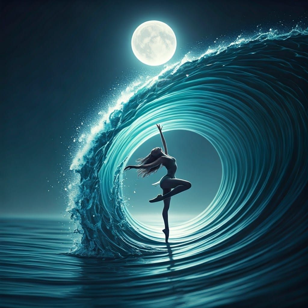 Dancer on Iridescent Sea Foam Under Full Moon, Macro Photogr...