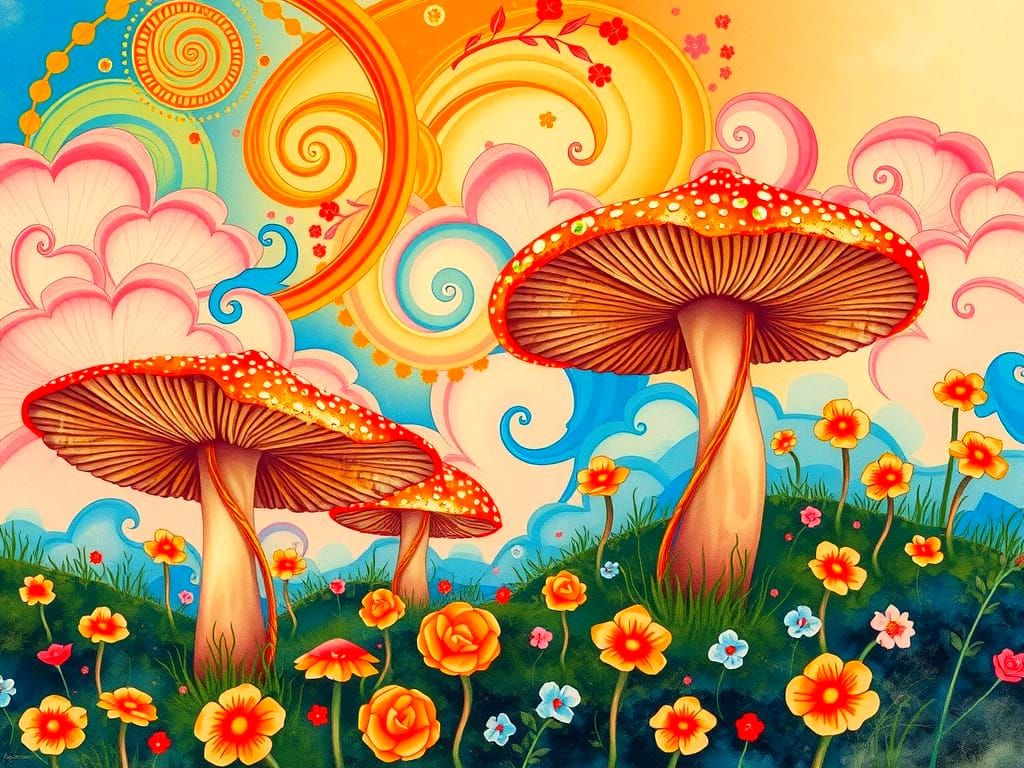 Dreamy Watercolor Landscape of Mushrooms in a Kandinsky-Insp...