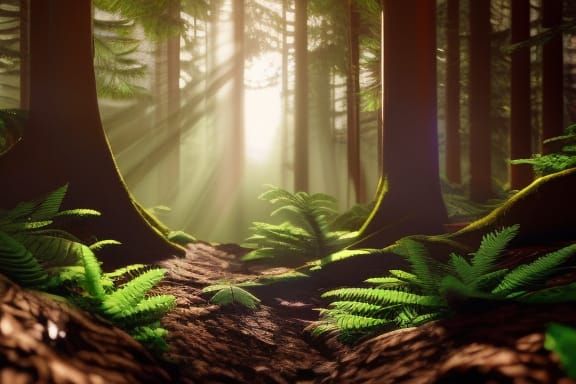 Intense Light Shines Through Evergreen Forest