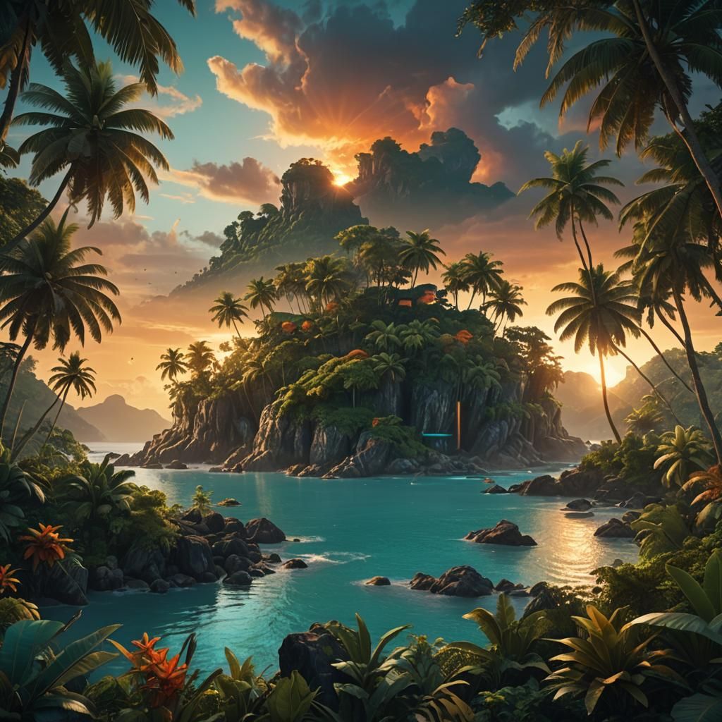 Mystical Island Sunset in Fantasy Concept Art Style