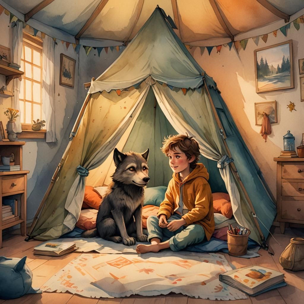 Child and Werewolf in Tent: Whimsical Illustration