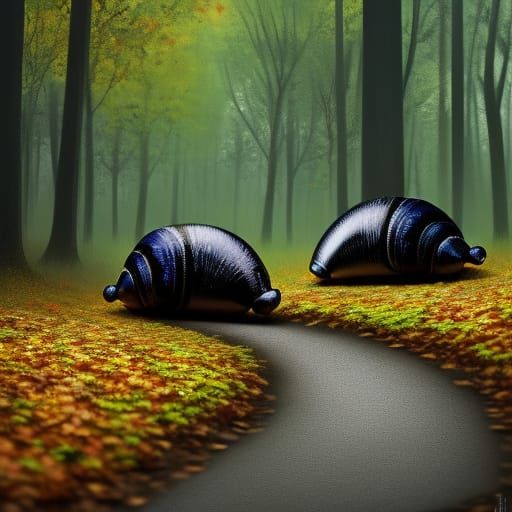 Black Snails on Autumn Path: Expressionist Digital Art