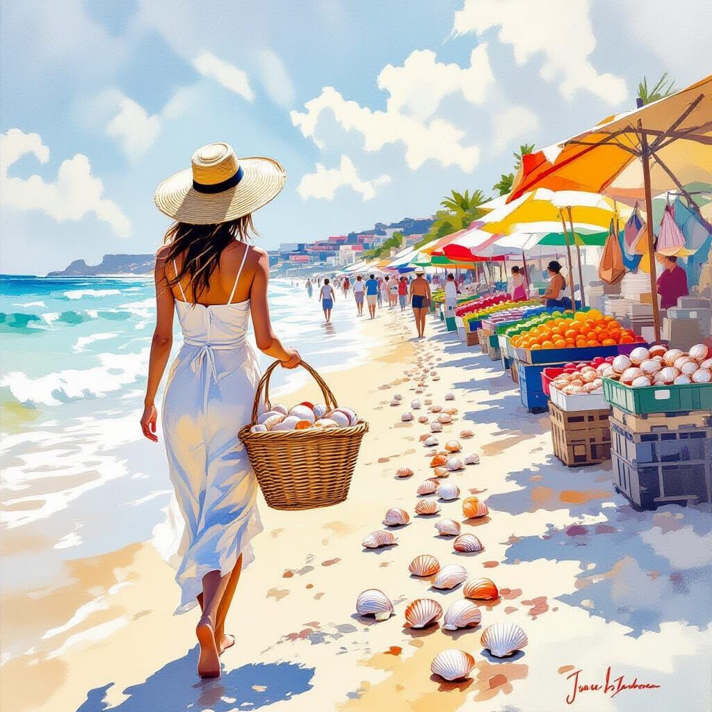 Woman Carrying Scallops to Market on Beach in Gouache Style