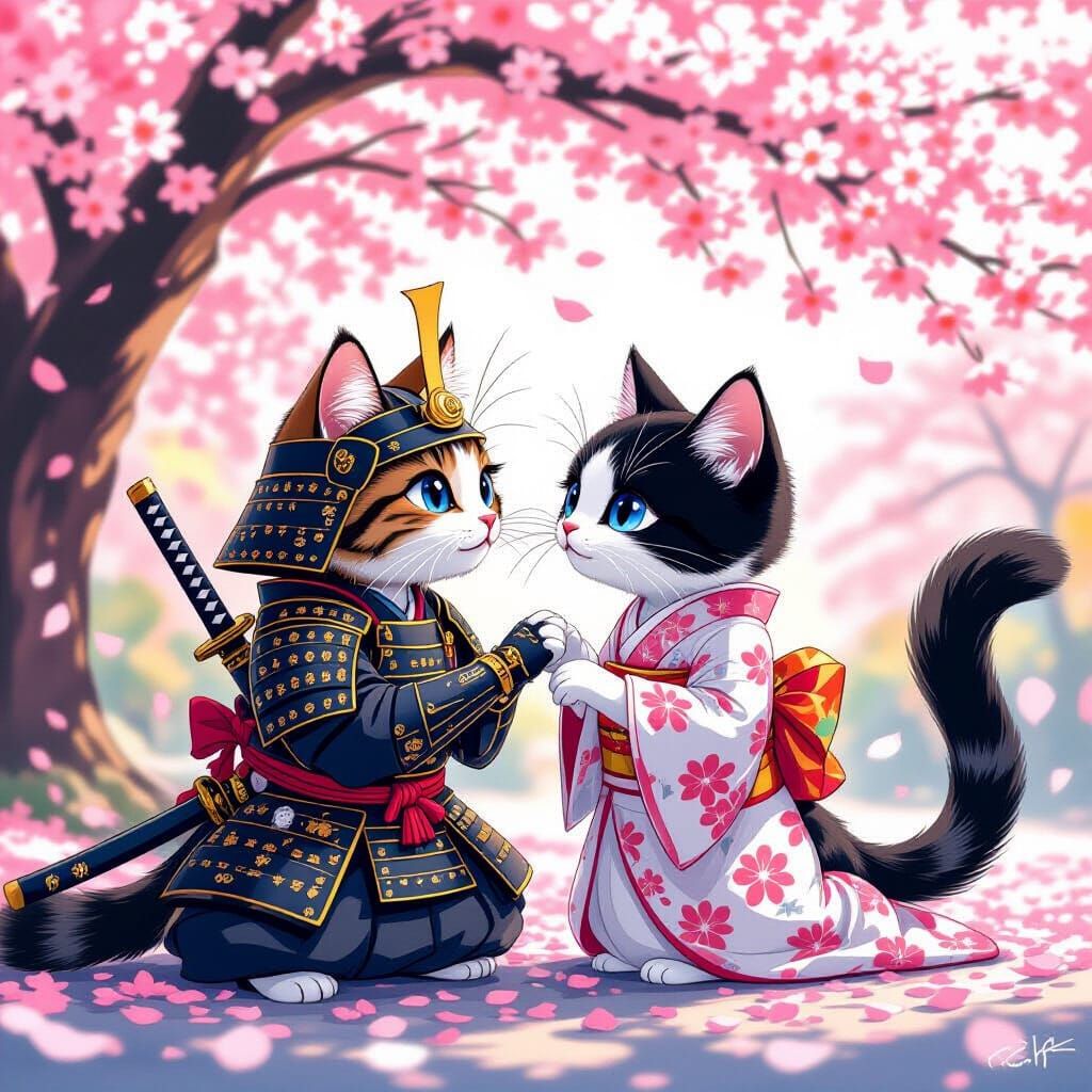 Samurai Cats in Love Under Cherry Blossoms