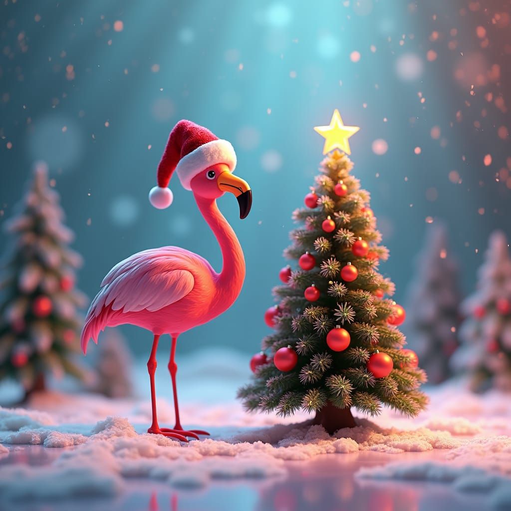 Pink Flamingo in Winter Wonderland: 3D Digital Art