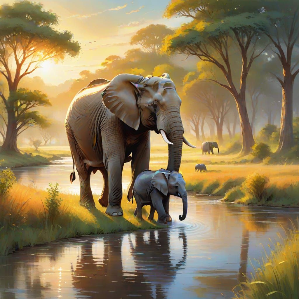 Elephant and Calf Stroll Through a Serene Landscape with Maj...
