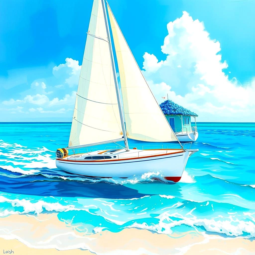 Blue Boat and Beach House Abstract Art