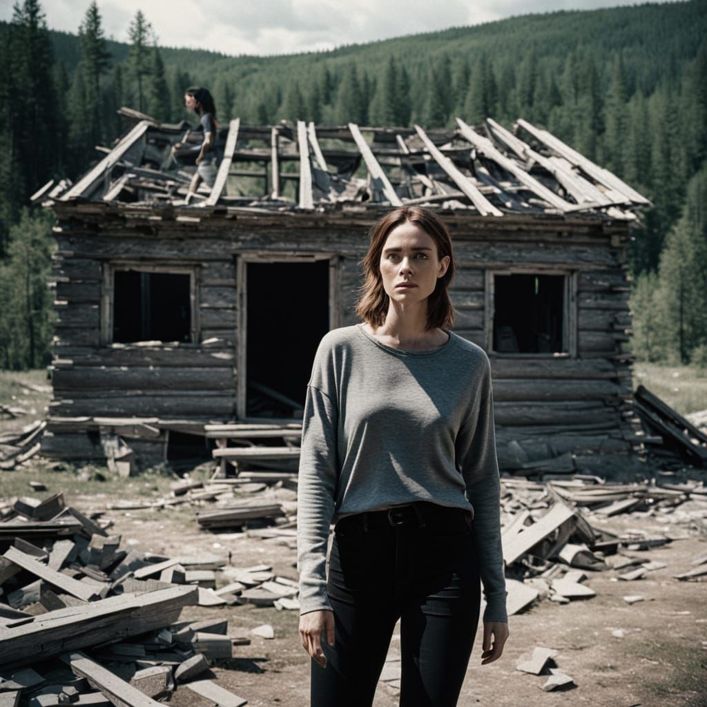Woman Walks Past Cabin Ruins in Cinematic Film Still