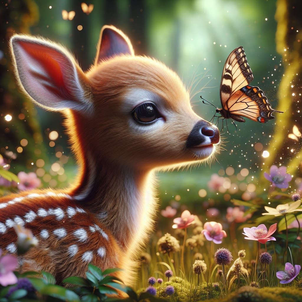 Adorable Fawn Portrait with Butterfly in Springtime Forest