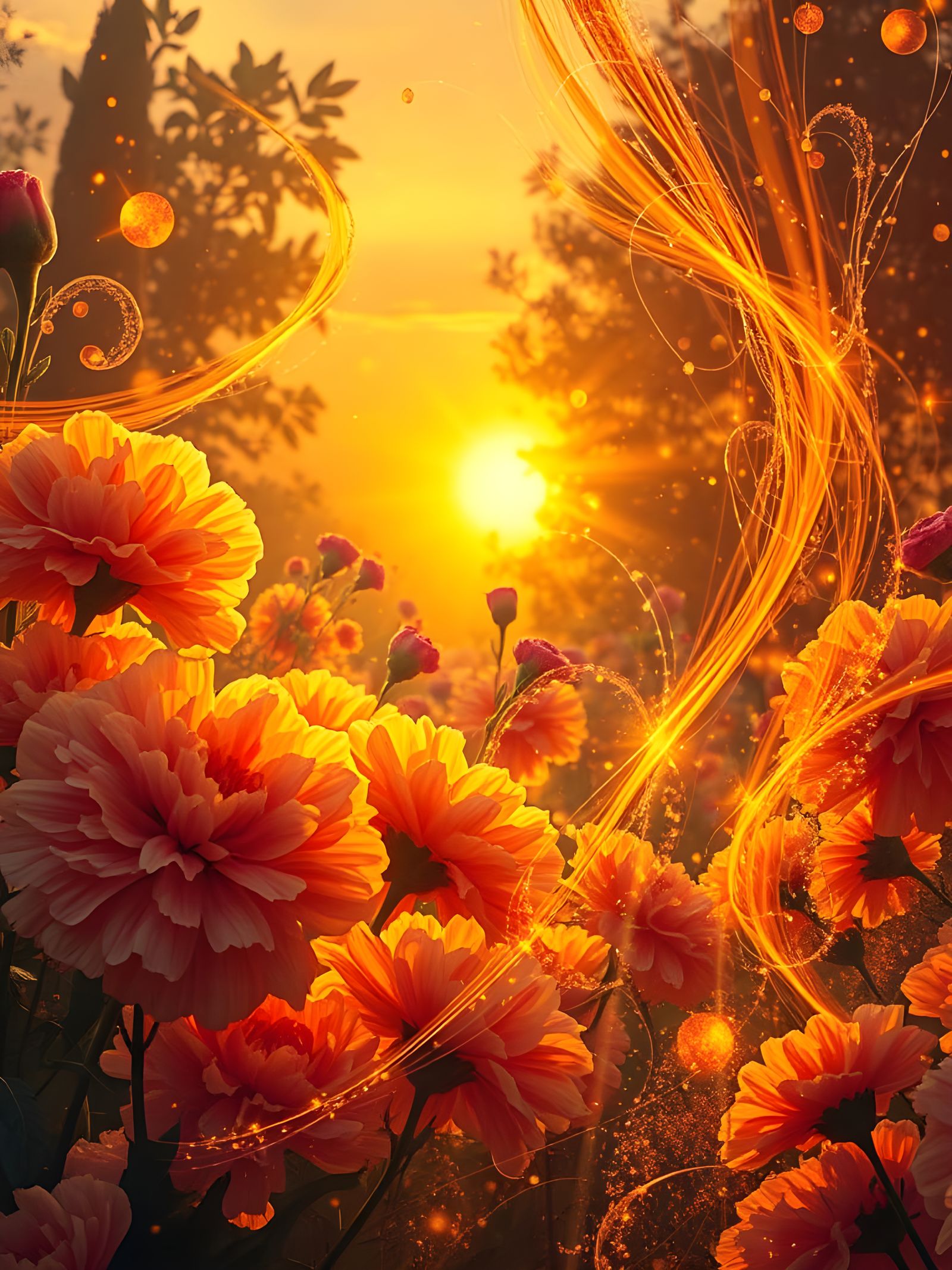 Surreal Garden Blooms in Vibrant Sunset Colors