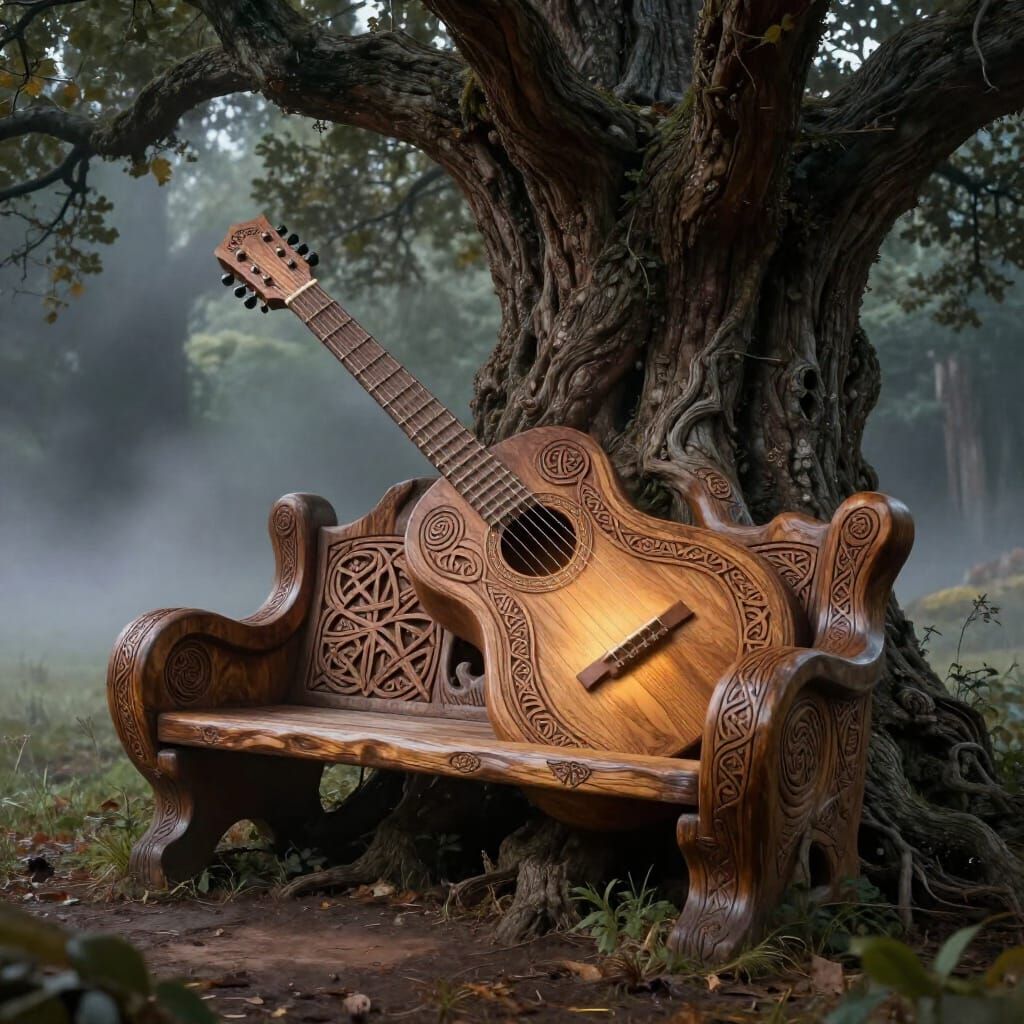 Whimsical Guitar Bench in Ancient Oak Tree