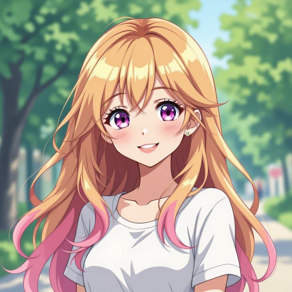 Anime Girl with Blonde Hair and Pink Streaks