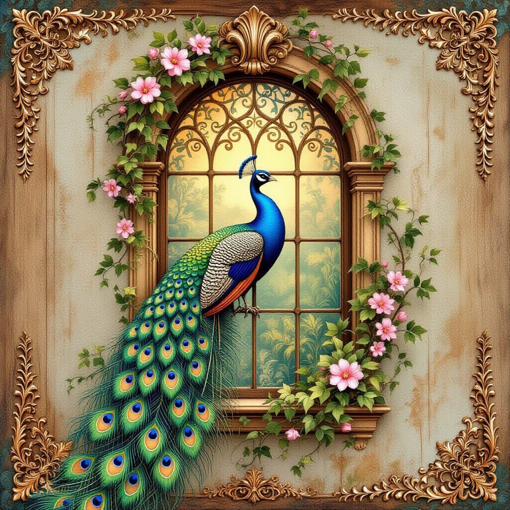 Peacock in Victorian Window with Watercolor Texture