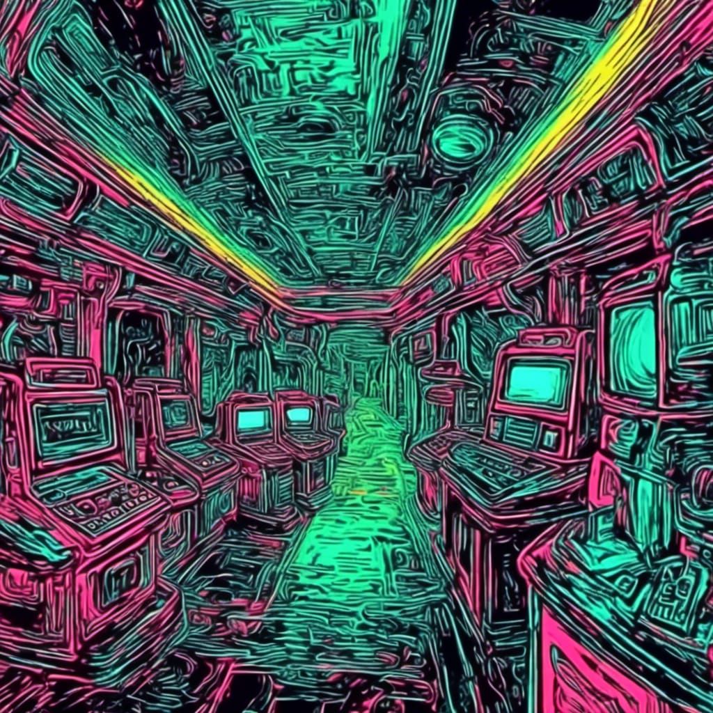 Vaporwave Glitched Sci-Fi Retro Arcade Scene