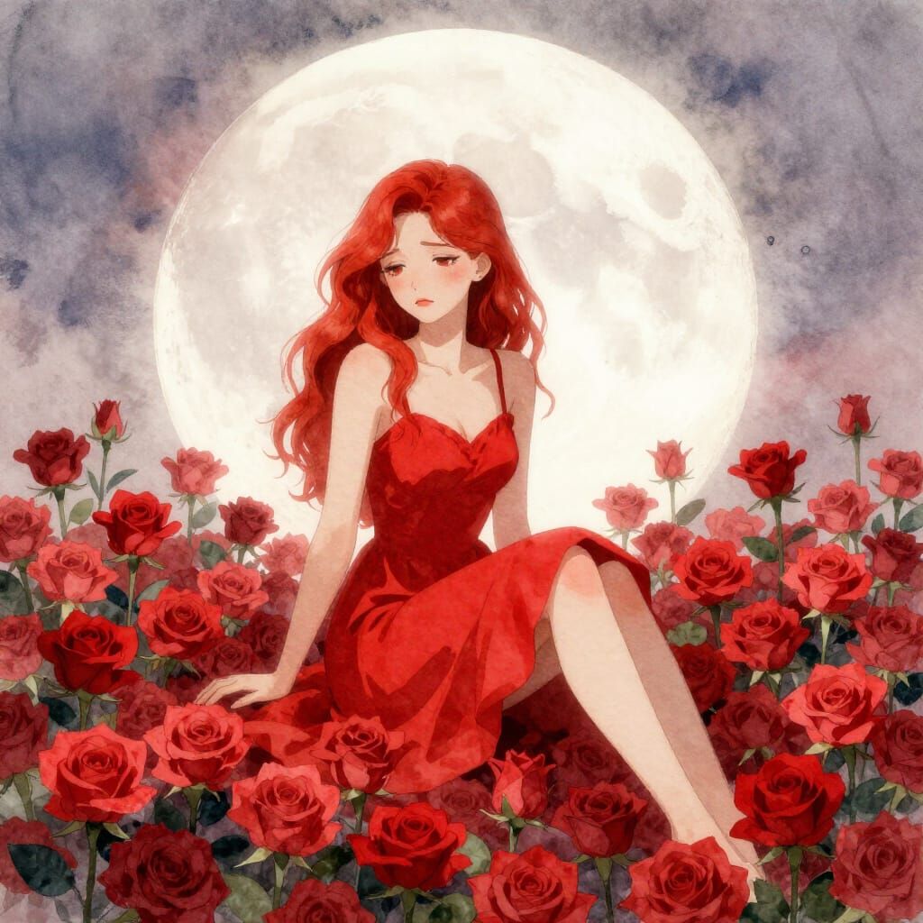 Crimson Haired Woman in Red Roses Under Red Moon