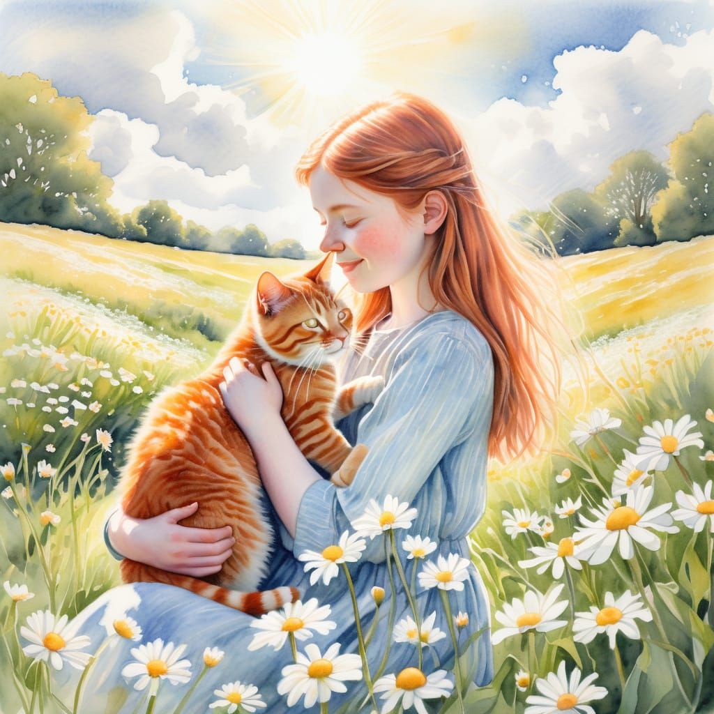 Whimsical Girl & Cat in Sun-Dappled Daisy Field