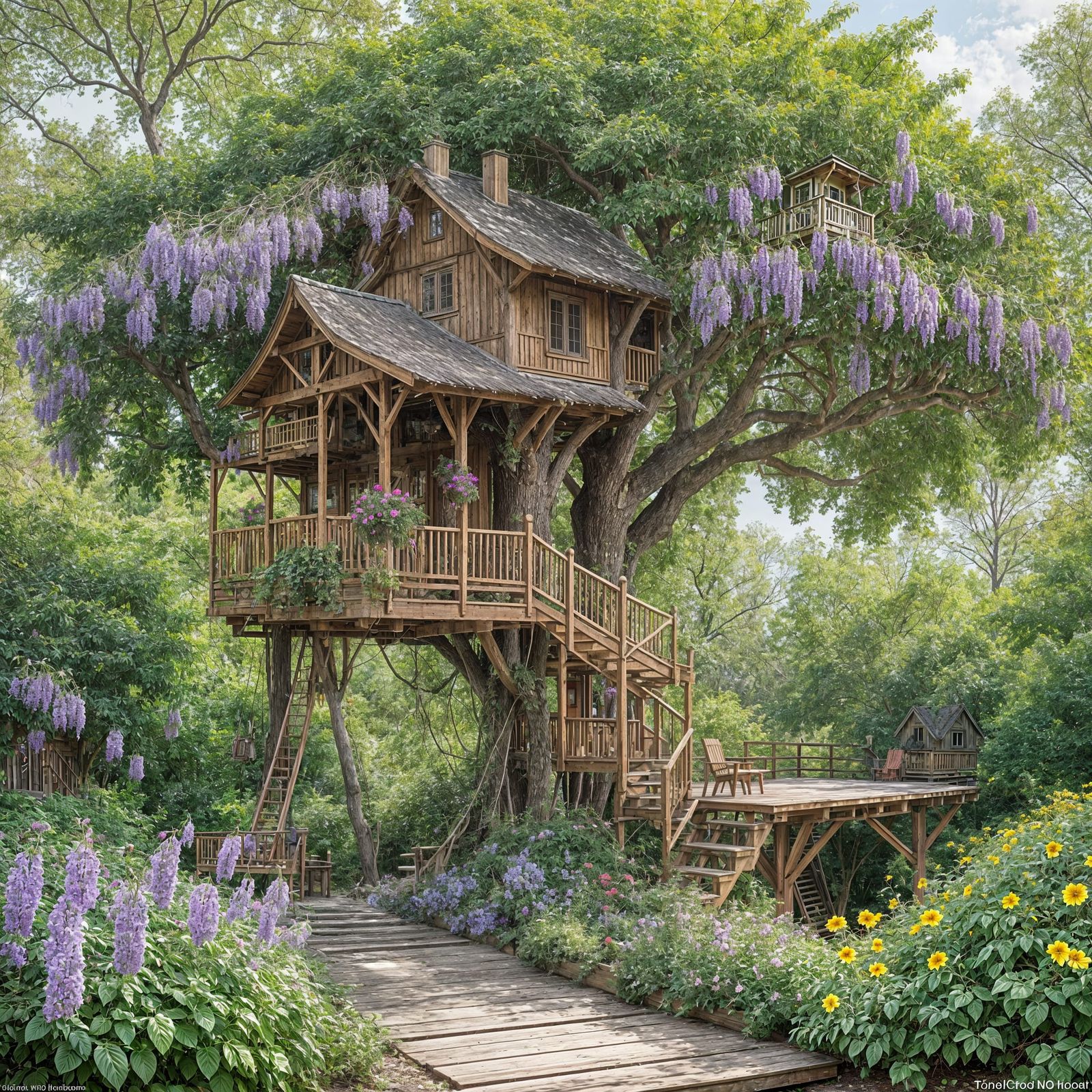 Whimsical Sycamore Treehouse with Magical Creatures