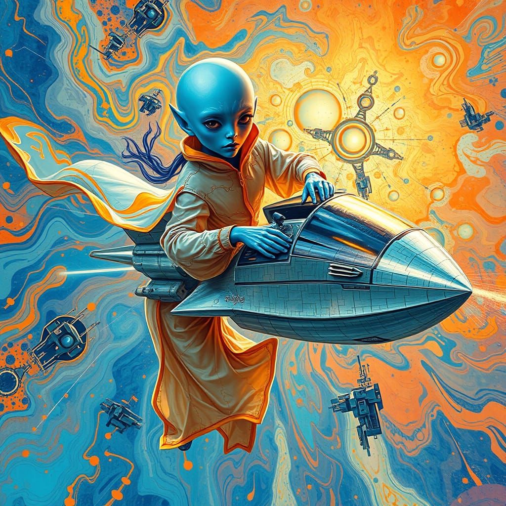 Iridescent Alien Pilots a Futuristic Spaceship in Vibrant, D...