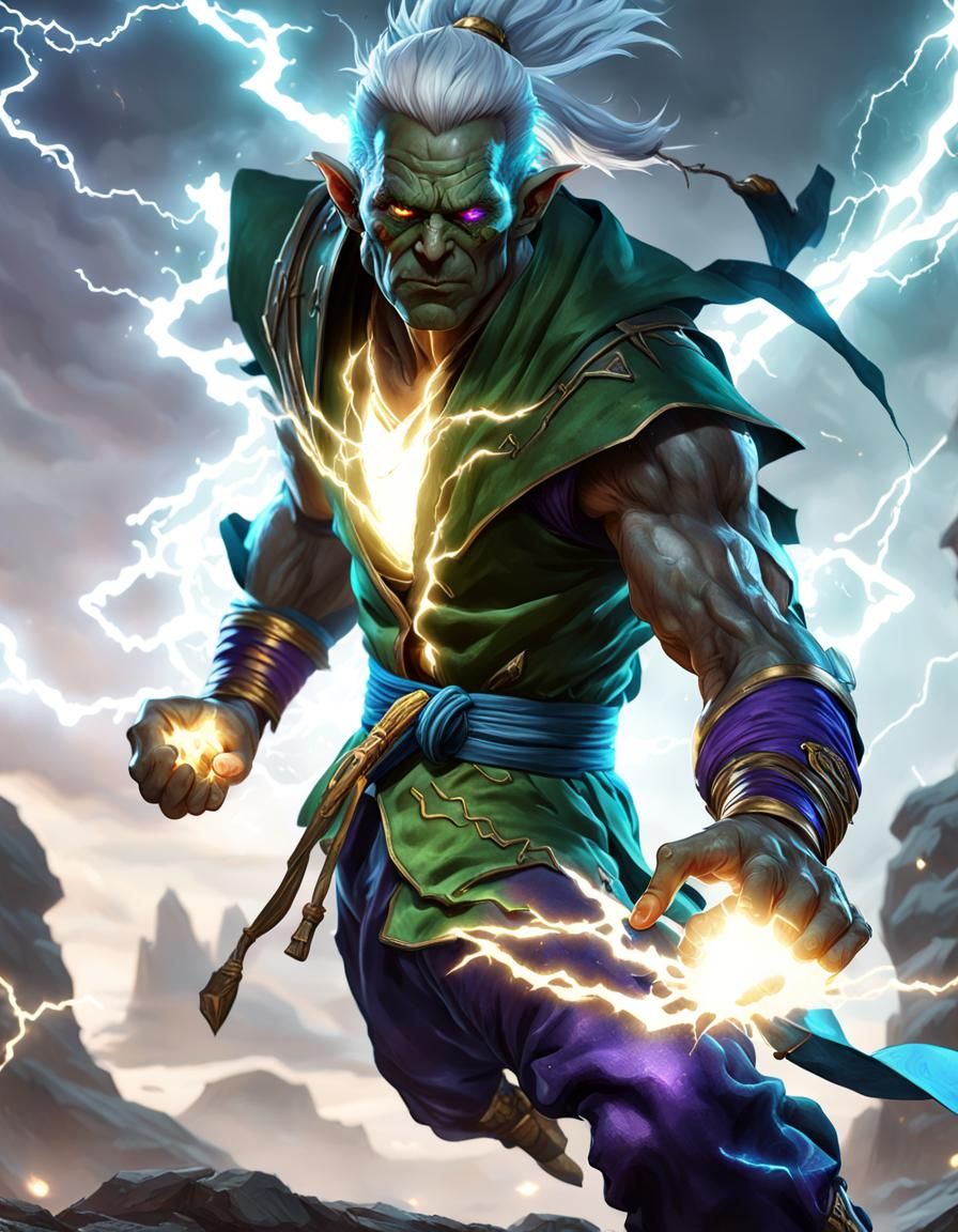 Green Goblin Monk with Lightning Aesthetic in Dark Fantasy