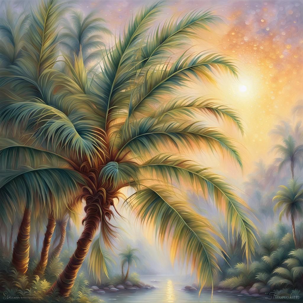 Palm Tree in Ethereal Fantasy, Oil Painting Style