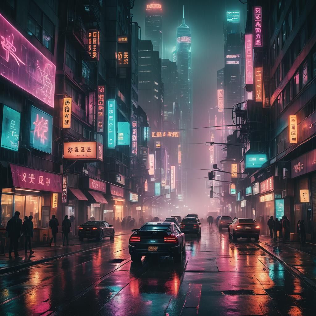 Cyberpunk Cityscape with Flying Cars in Neon Noir