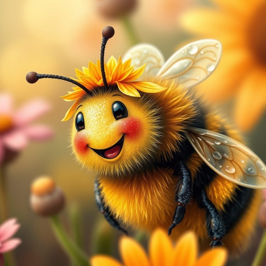 Joyful Whimsical Bee in a Sunflower Petal Hat