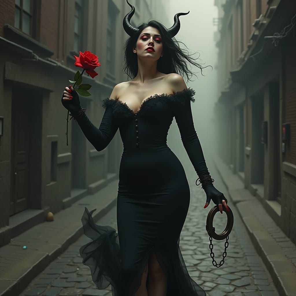 Voluptuous Demon Girl in Gothic City Street