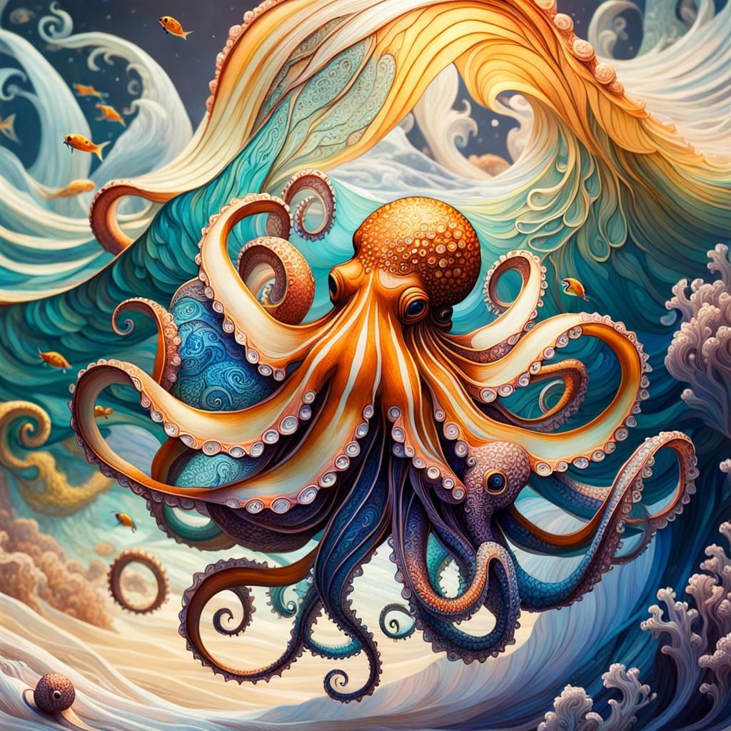 Detailed Octopus Swimming with Fish: Digital Illustration
