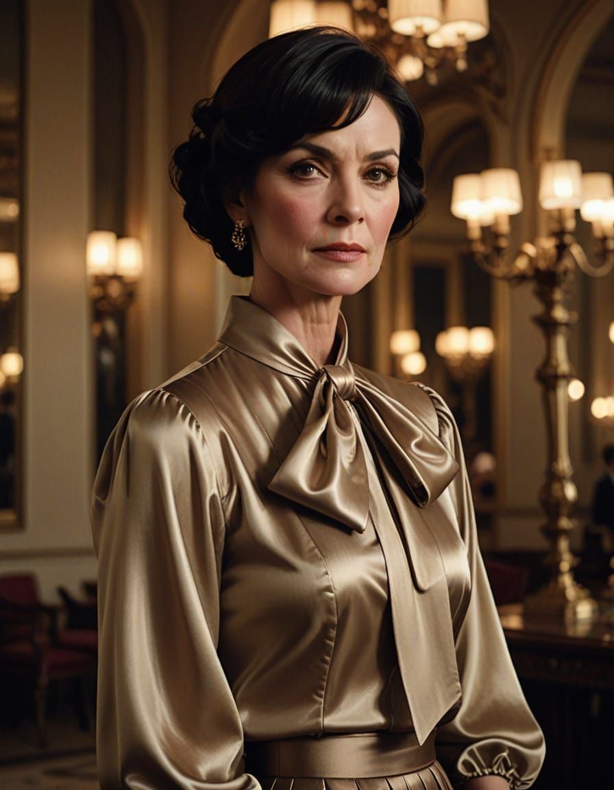 Elegant Woman in Golden Hour, Taupe Satin Blouse and Puffy S...