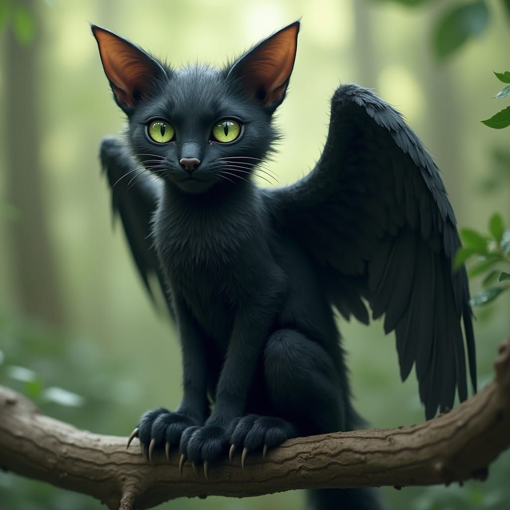 Tressym with Black Feathers in Digital Art Style