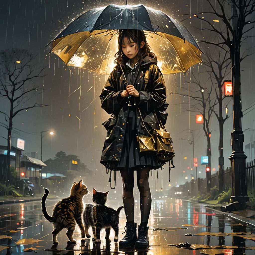 Japanese Schoolgirl and Kitten in Rainy Anime Art