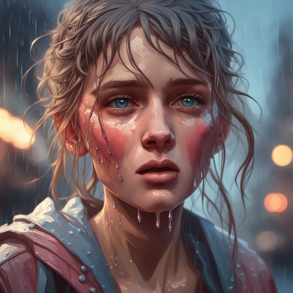 Crying Girl in Rain: Hyperdetailed Digital Portrait