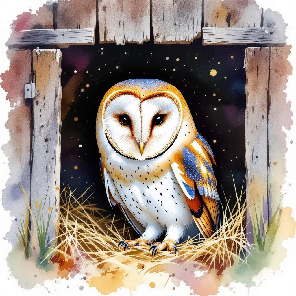 Barn Owl Resting in Barn, Watercolor Splatter Art